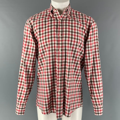 BERGDORF GOODMAN Size M Red White Brown Checkered Cotton Long Sleeve Shirt