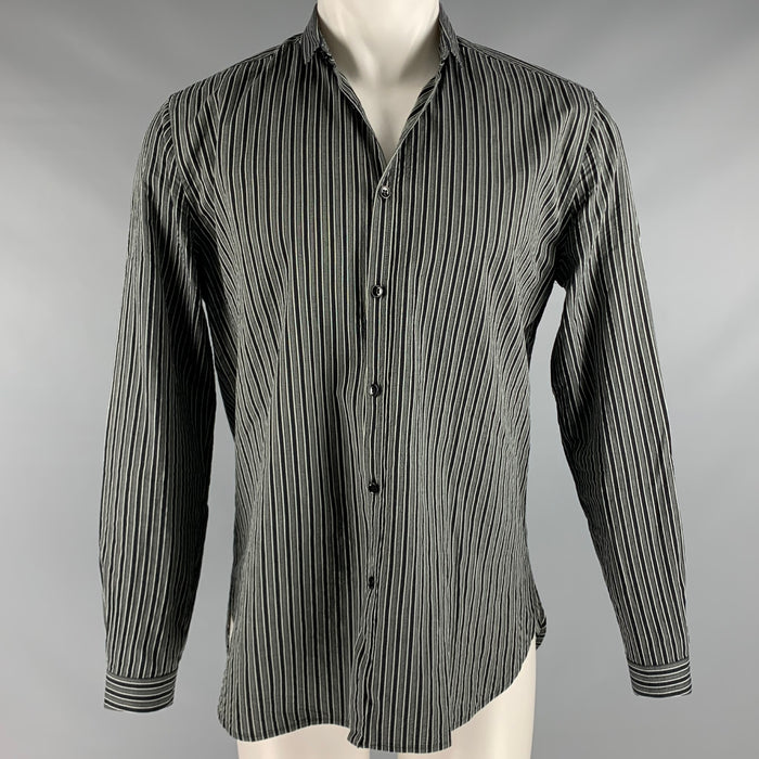 SAINT LAURENT Size M Black Grey Stripe Cotton Long Sleeve Shirt