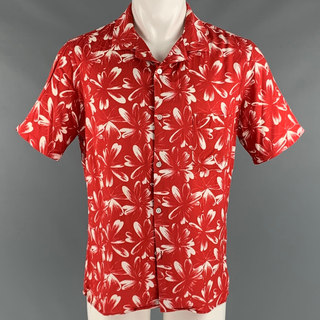 THE KOOPLES Size S Red White Abstract Floral Viscose Short Sleeve Shirt