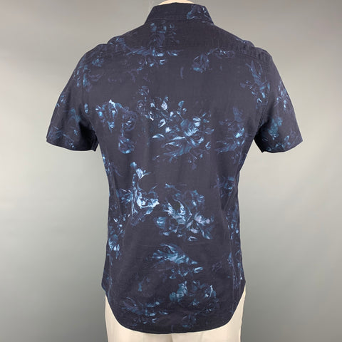 PS by PAUL SMITH Size L Navy & Blue Print Cotton Button Down Short Sleeve Shirt