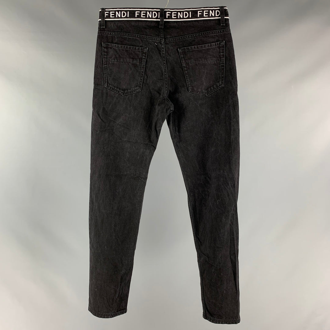 FENDI Size 33 Black White Logo Cotton Zip Fly Jeans