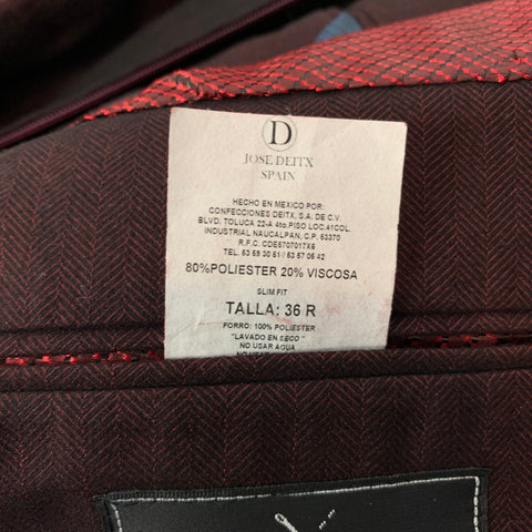 DEITX & CO. Size 38 Burgundy & Black Herringbone Polyester / Viscose Inner Layer Notch Lapel Sport Coat
