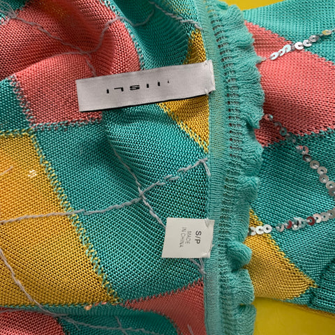Iisli Size S Turquoise, Yellow & Orange Argyle Rayon Sleeveless Pullover