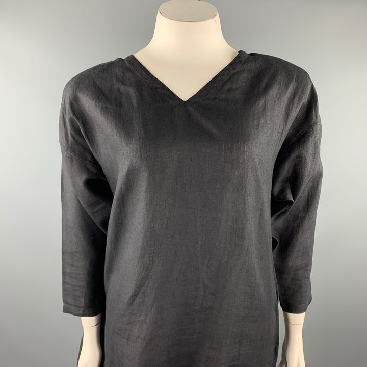 SHAMASK Size L Black Linen Long Panel V-Neck Dress