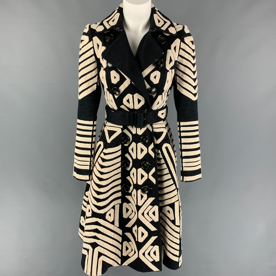 BURBERRY PRORSUM Size 4 Black White Cotton Embroidered Double Breasted Coat