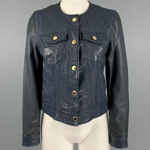RALPH LAUREN Taille 2 Veste de camionneur en cuir bleu marine