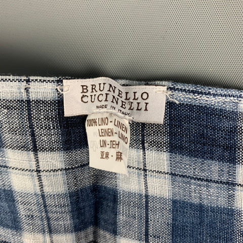 BRUNELLO CUCINELLI Navy Blue Brown Plaid Linen Pocket Square