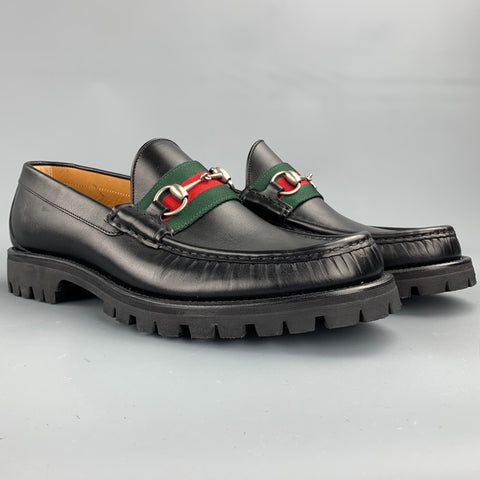 GUCCI Size 10 Black Leather Web Horsebit Lug Sole Loafers