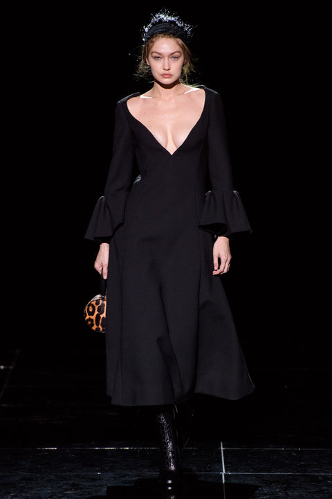 MARC JACOBS Fall 2019 Size 2 Black Wool Blend Deep V-Neck Ruffle Sleeve Dress