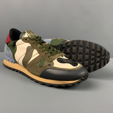 VALENTINO Size 12 Olive Multi-Color Camo Leather Rockrunner Sneakers
