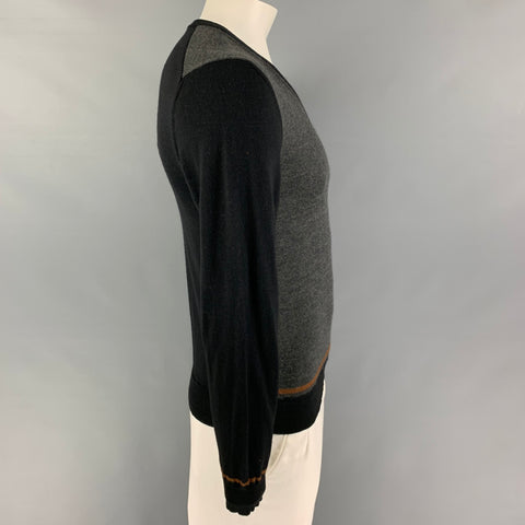 GUCCI Size L Gray Black Color Block Wool Silk V-Neck Pullover