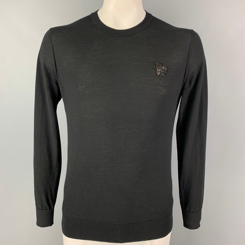 DOLCE & GABBANA Size M Black Applique Cashmere Crew-Neck Pullover