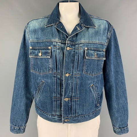 RRL by RALPH LAUREN Size XL Blue Distressed Cotton Denim Jacket