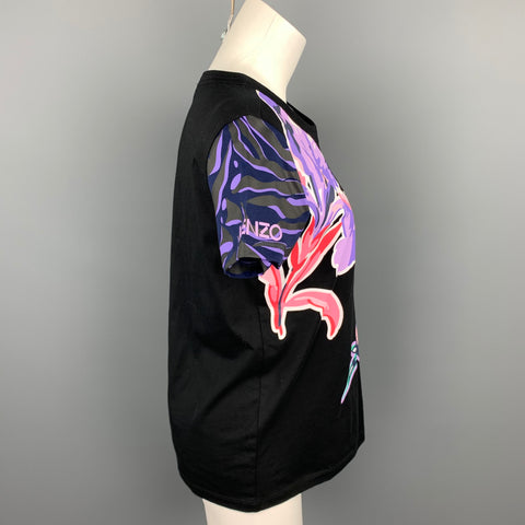 KENZO Size S Black Floral Cotton Short Sleeve T-shirt