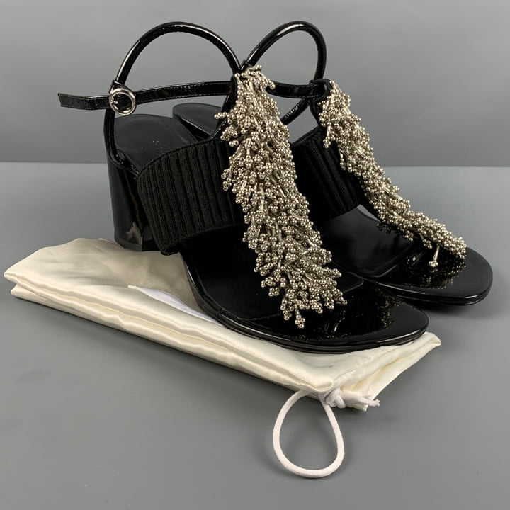 3.1 PHILLIP LIM Size 10 Black Patent Leather Aplique Ankle Strap Sandals