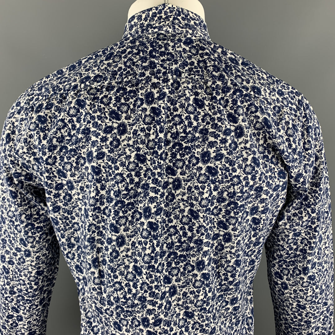 PAUL SMITH Taille S Chemise à manches longues boutonnée en coton floral bleu marine et blanc