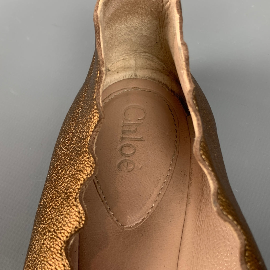 CHLOE Size 9 Gold Leather Scalloped Edge Ballet Flats