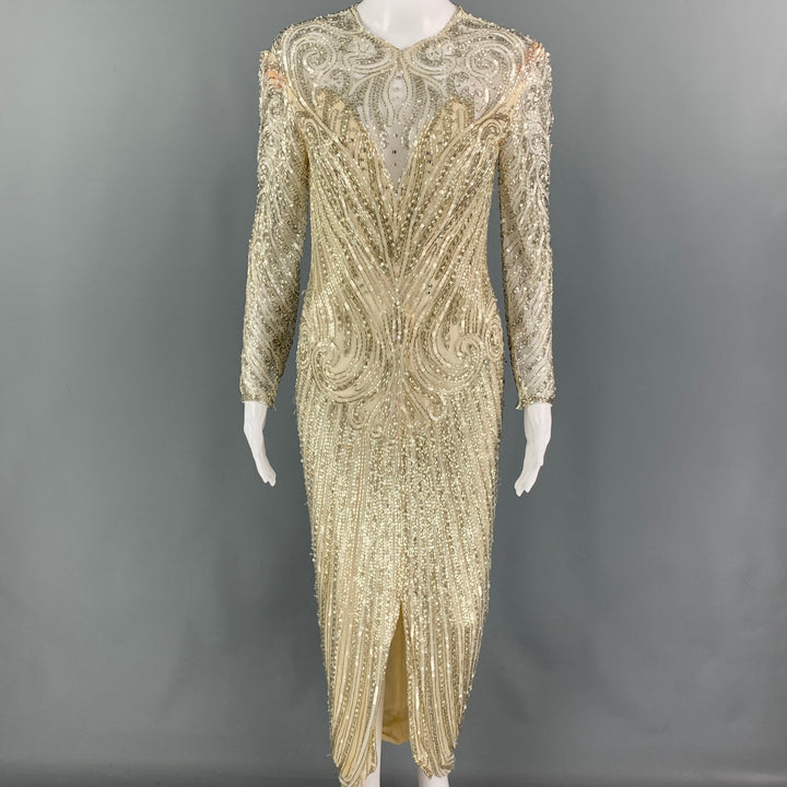 Vintage BOB MACKIE Size 6 Cream Silver Silk Beaded Long Sleeve Dress