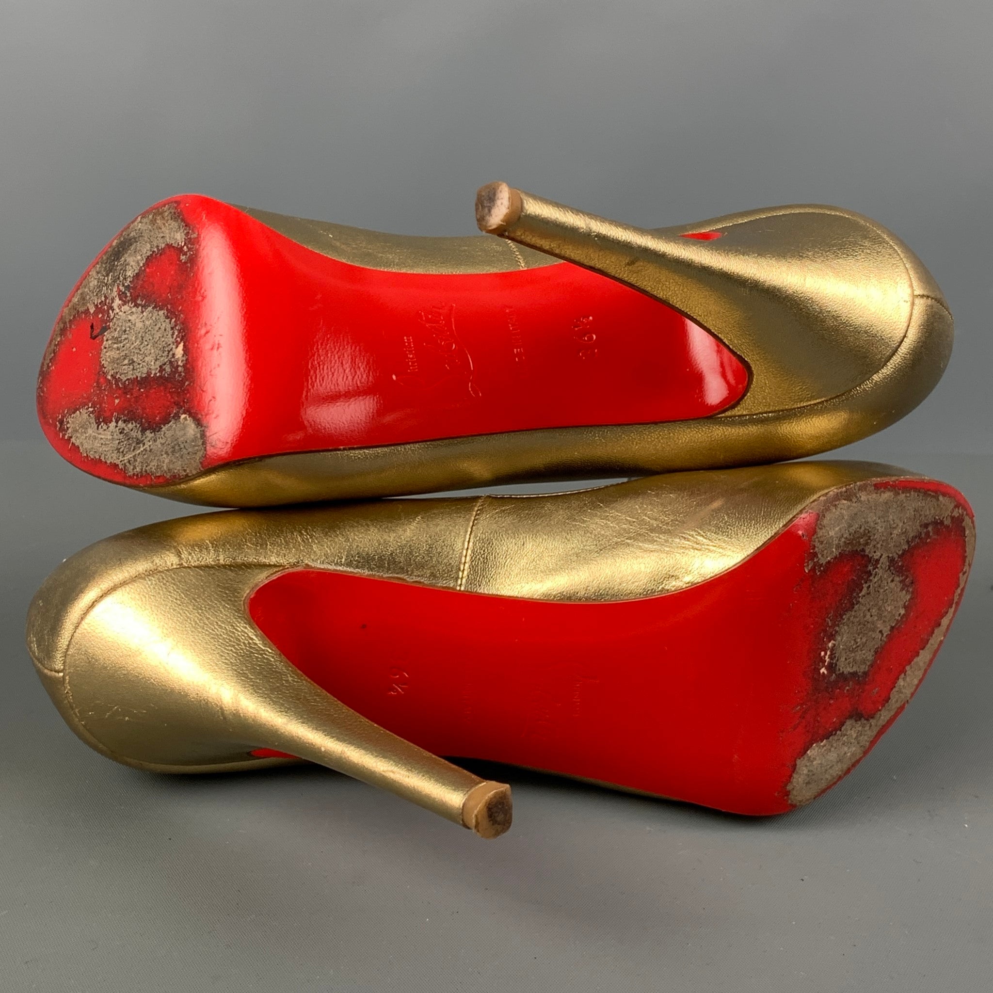 CHRISTIAN LOUBOUTIN Size 6.5 Gold Leather Peep Toe Pumps – Sui