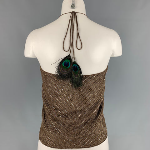 RALPH LAUREN Black Label Size L Gold Knitted Viscose Blend Peacock Feather Dress Top