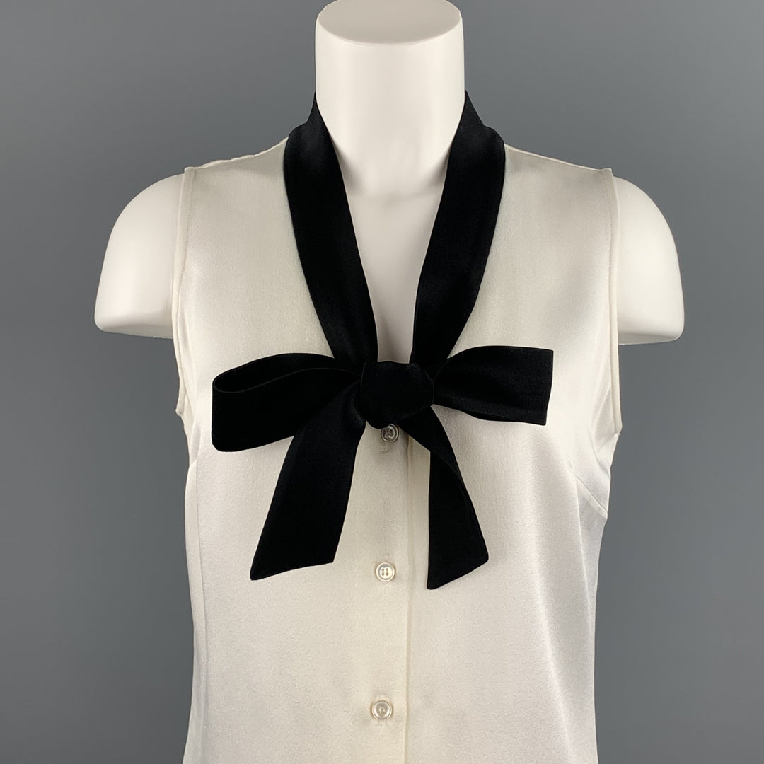 MICHAEL KORS Size 6 White Crepe Black Tie Sleeveless Blouse