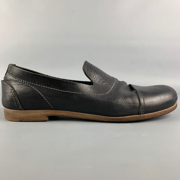 FAUSTO SANTINI Size 10 Black Contrast Stitch Leather Pull On Loafers