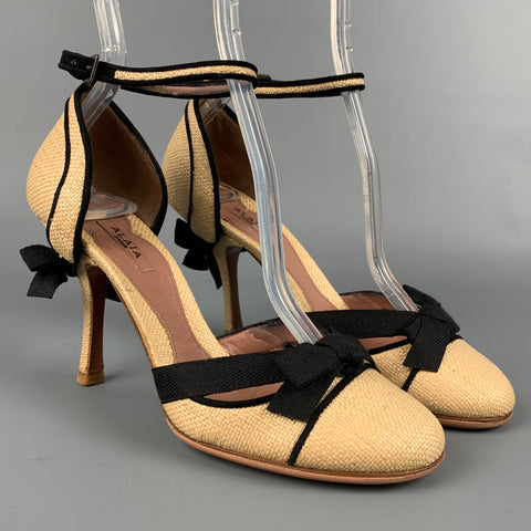 ALAIA Talla 5.5 Zapatos de tacón con lazo texturizado de paja natural y negro