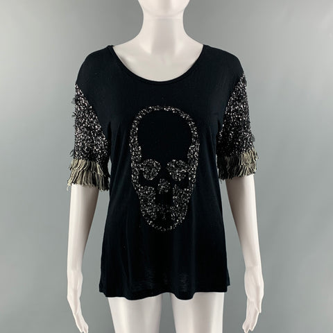 LUCIEN PELLAT-FINET Top casual de strass de viscosa negro plateado talla M