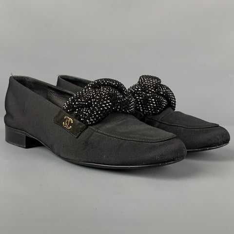CHANEL Talla 6 Mocasines planos de tela negra con diamantes de imitación