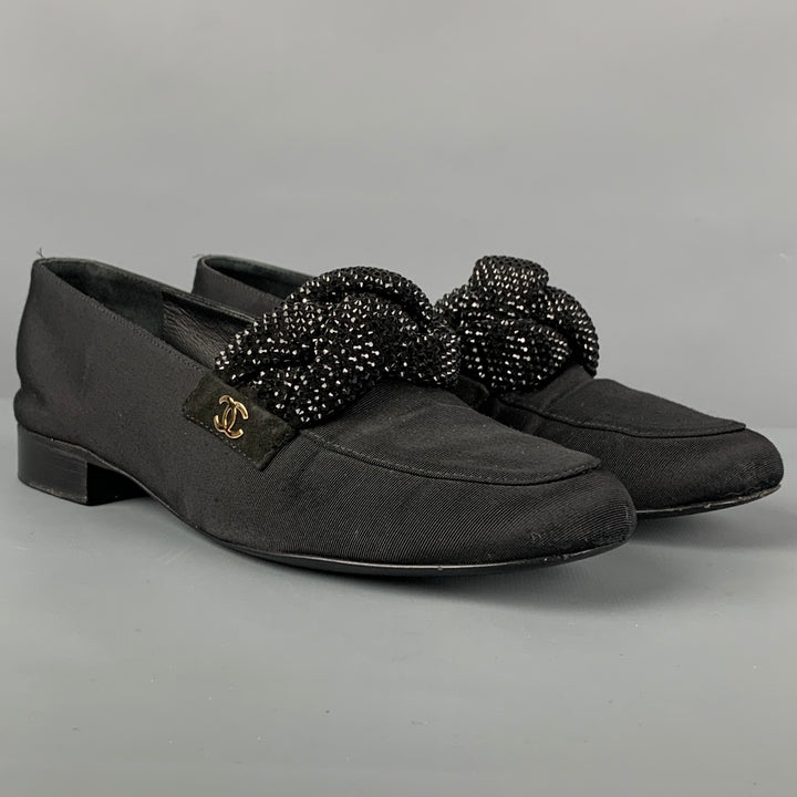 CHANEL Talla 6 Mocasines planos de tela negra con diamantes de imitación