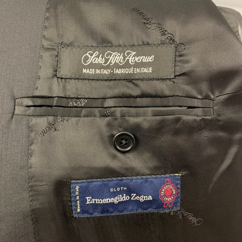 SAKS FIFTH AVENUE Size 46 Black Wool Silk Notch Lapel Suit