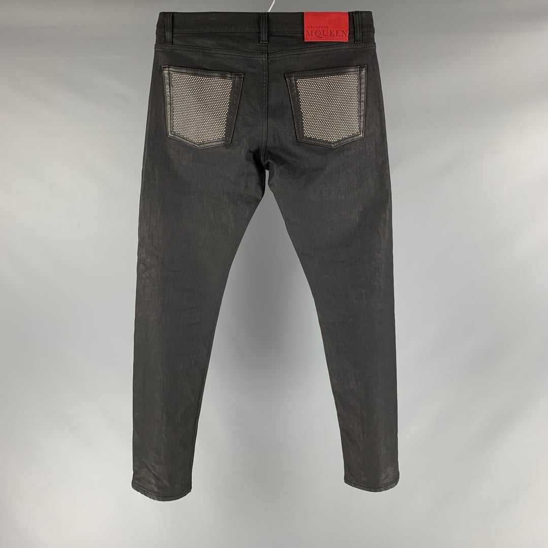 ALEXANDER MCQUEEN Size 32 Black Studded Coated Denim Button Fly Jeans