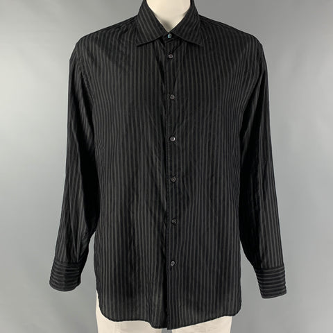 ARMANI COLLEZIONI Talla XXL Camisa de manga larga con botones en mezcla de seda a rayas negras