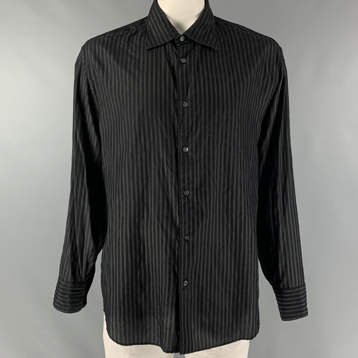 ARMANI COLLEZIONI Size XXL Black Stripe Silk Blend Button Up Long Sleeve Shirt