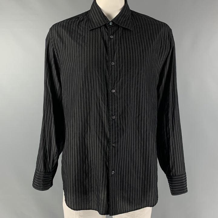 ARMANI COLLEZIONI Size XXL Black Stripe Silk Blend Button Up Long Sleeve Shirt