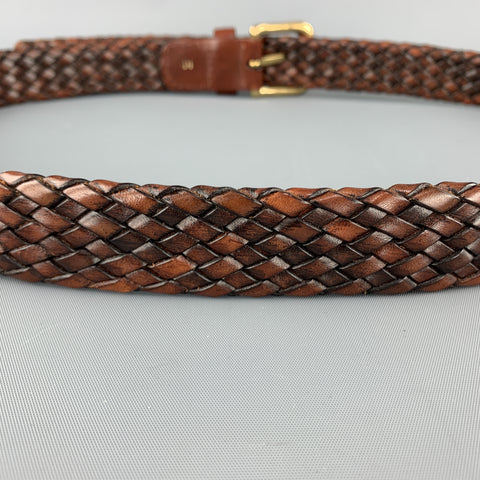 VINTAGE Sz 36 Woven Brown Leather Gold Brass Buckle Belt