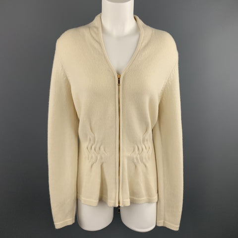 ESCADA Taille M Crème CachemireV Col Câble Tricot Panneau Zip Cardigan