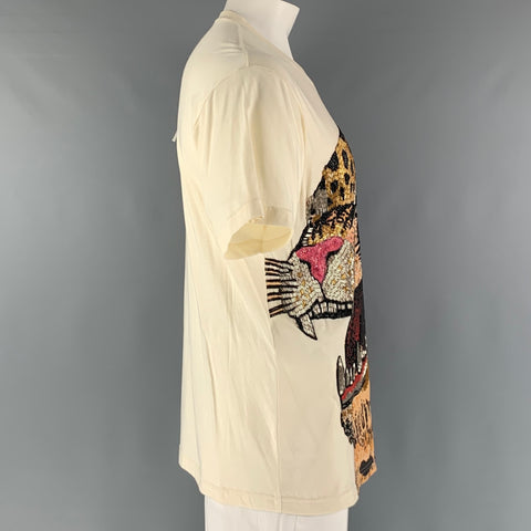 GUCCI Size XS Beige Multi-Color Embroidery Cotton Crew-Neck T-shirt
