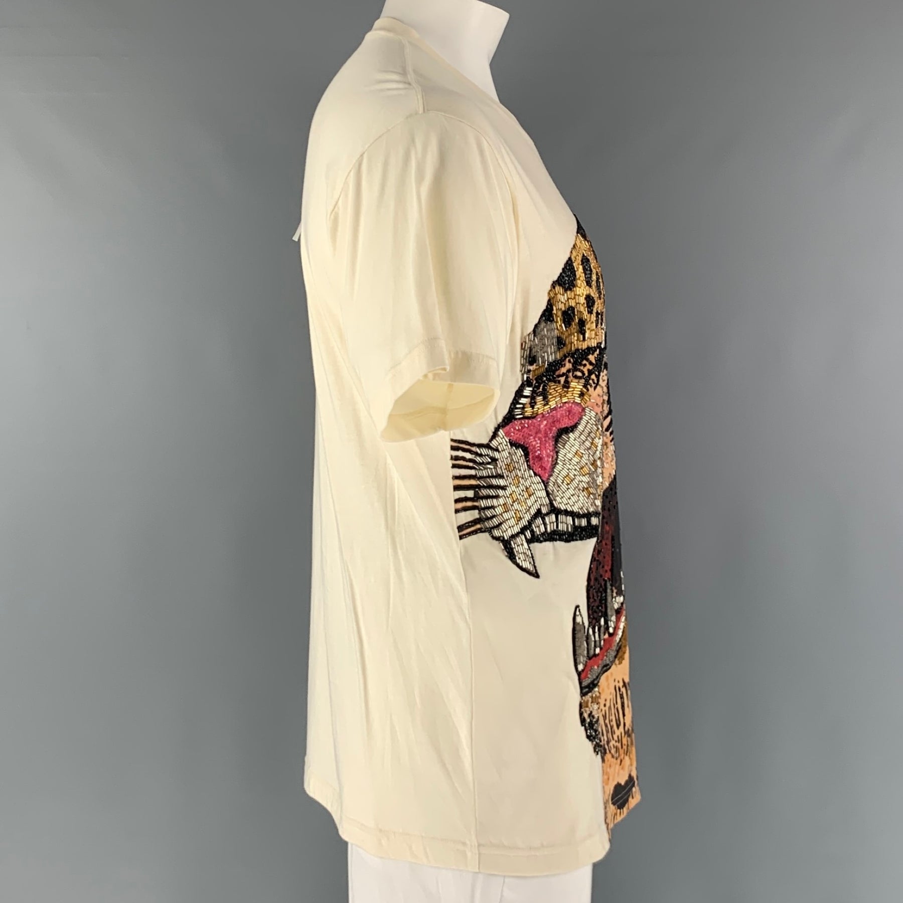 GUCCI Cotton Jersey T-shirt With Embroidery, Size XS, Beige, Ready-to-wear