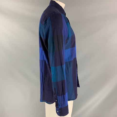 BURBERRY BRIT Size L Blue & Black Plaid Cotton Button Down Long Sleeve Shirt