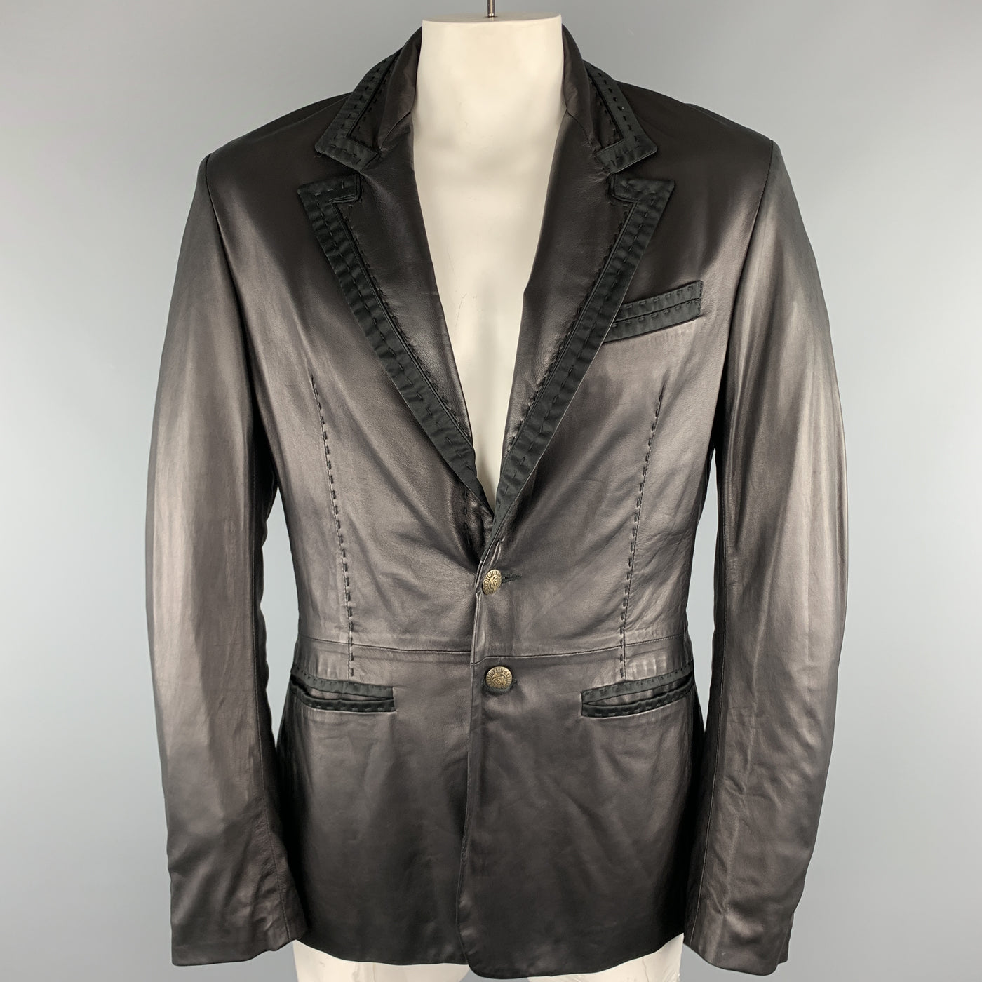 JUST CAVALLI Size XXL Black Solid Leather Peak Lapel Jacket
