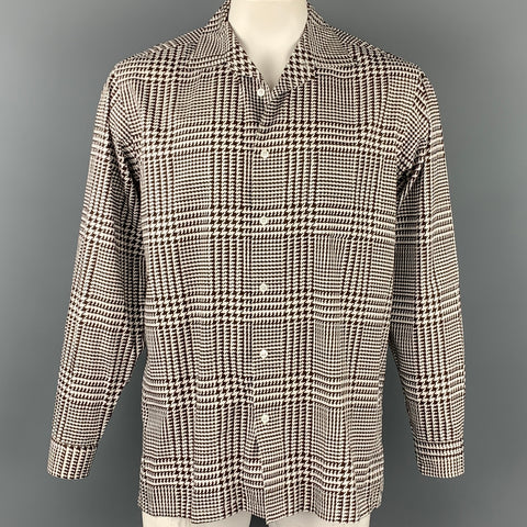 RALPH LAUREN Purple Label Size L White & Brown Houndstooth Cotton Button Up Long Sleeve Shirt