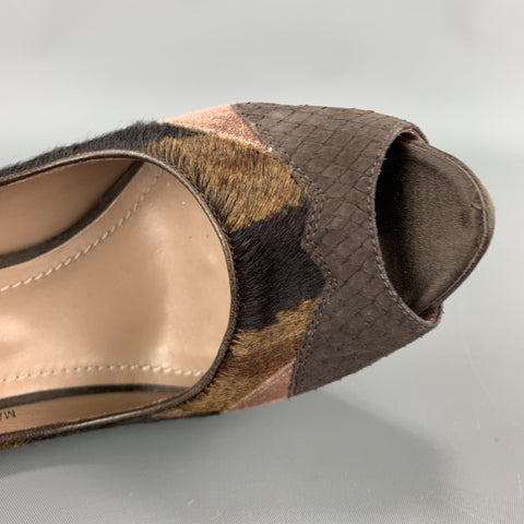 BALDAN Talla 8 Zapatos de tacón peep toe con plataforma de pelo de caballo con estampado de tigre y ante marrón