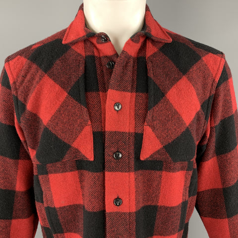 GANRYU Size S Red Plaid Wool Blend Patch Pocket Long Sleeve Shirt