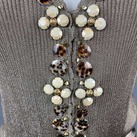 BLUMARINE Size 8 Taupe Sparkle Knit EMbellished V Neck Cardigan