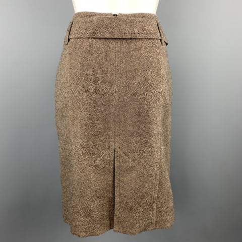 ESCADA Taille 8 Jupe ceinturée en tweed mélangé de laine vierge taupe et marron