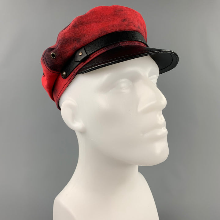 DSQUARED2 Size S Red & Black Cotton Leather Biker Hat