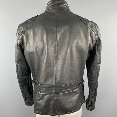 RALPH LAUREN Taille 42 Veste en cuir noir Zip &amp; Snaps Col en velours côtelé
