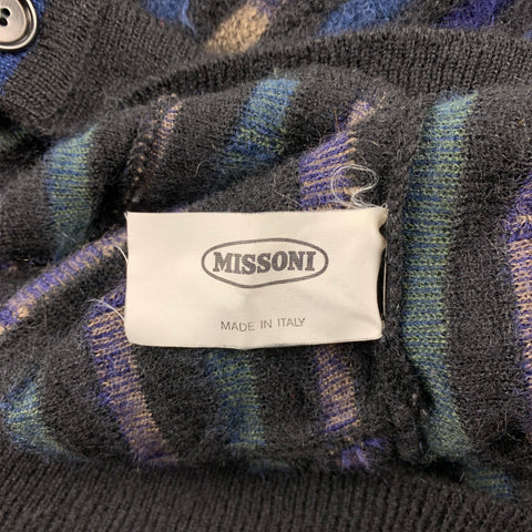Vintage MISSONI Size XL Black & Blue Stripe Mohair Blend V-Neck Cardigan