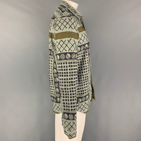 BURBERRY PRORSUM Spring 2013 Size XL Green Black Print Cotton Long Sleeve Shirt